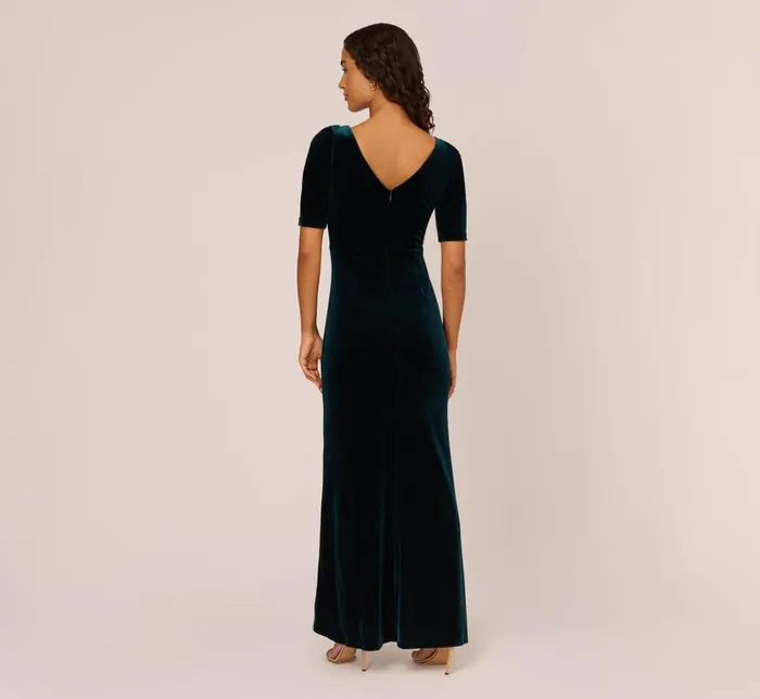 Long Dresses Womens Adrianna Papell Shirred Velvet Gown With ElbowLength Sleeves In Emerald