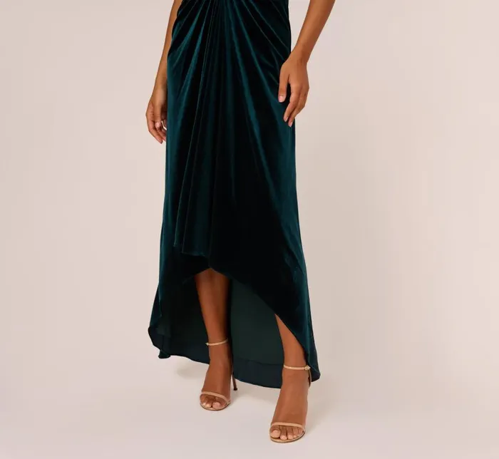 Long Dresses Womens Adrianna Papell Shirred Velvet Gown With ElbowLength Sleeves In Emerald