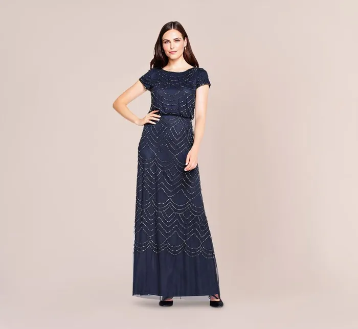 Long Dresses Womens Adrianna Papell Short Sleeve Beaded Blouson Gown In Navy