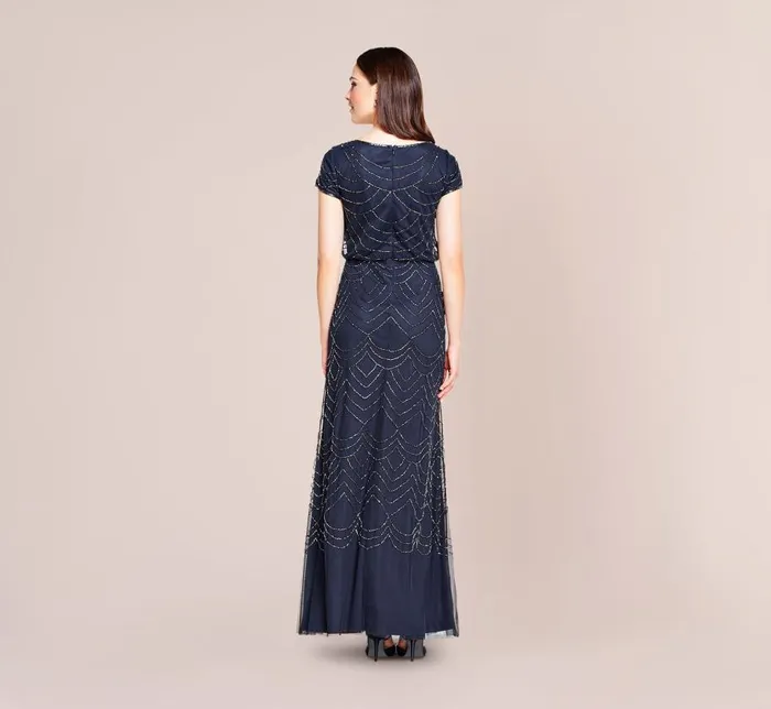 Long Dresses Womens Adrianna Papell Short Sleeve Beaded Blouson Gown In Navy
