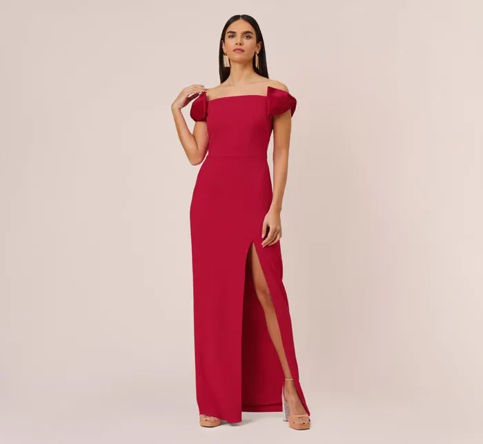 Long Dresses Womens Adrianna Papell Stretch Crepe OffTheShoulder Long Column Gown With Bows In Matador Red Long Dresses Womens Adrianna Papell Stretch Crepe OffTheShoulder Long Column Gown With Bows In Matador Red