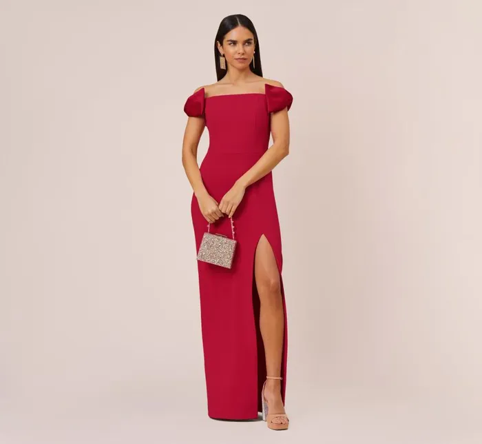 Long Dresses Womens Adrianna Papell Stretch Crepe OffTheShoulder Long Column Gown With Bows In Matador Red