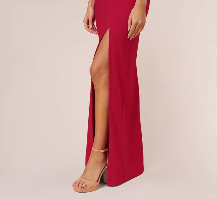 Long Dresses Womens Adrianna Papell Stretch Crepe OffTheShoulder Long Column Gown With Bows In Matador Red