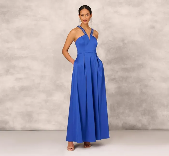 Long Dresses Womens Adrianna Papell VNeck Mikado Gown With Jewel Beaded Straps In Royal Sapphire Long Dresses Womens Adrianna Papell VNeck Mikado Gown With Jewel Beaded Straps In Royal Sapphire