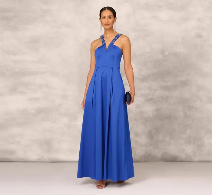 Long Dresses Womens Adrianna Papell VNeck Mikado Gown With Jewel Beaded Straps In Royal Sapphire