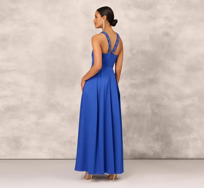 Long Dresses Womens Adrianna Papell VNeck Mikado Gown With Jewel Beaded Straps In Royal Sapphire