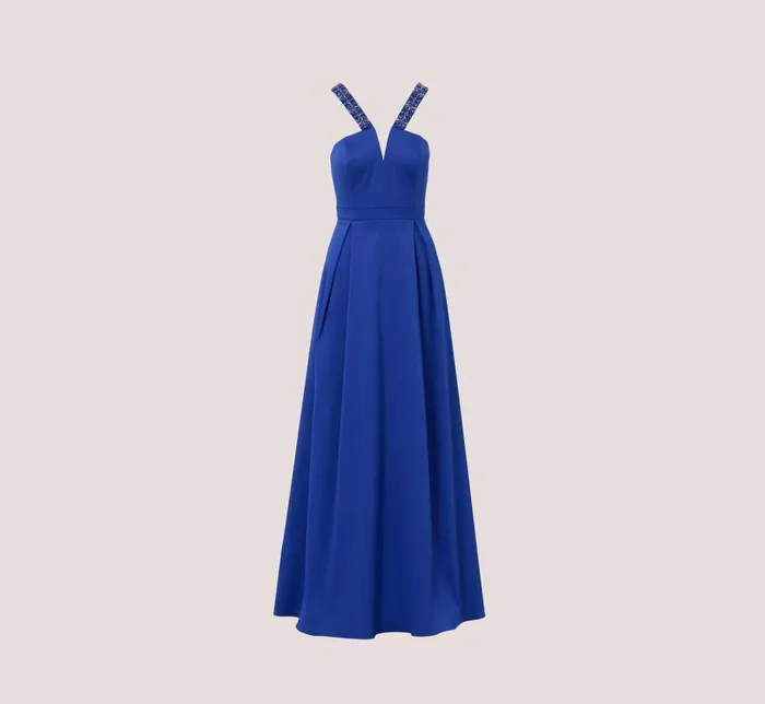 Long Dresses Womens Adrianna Papell VNeck Mikado Gown With Jewel Beaded Straps In Royal Sapphire