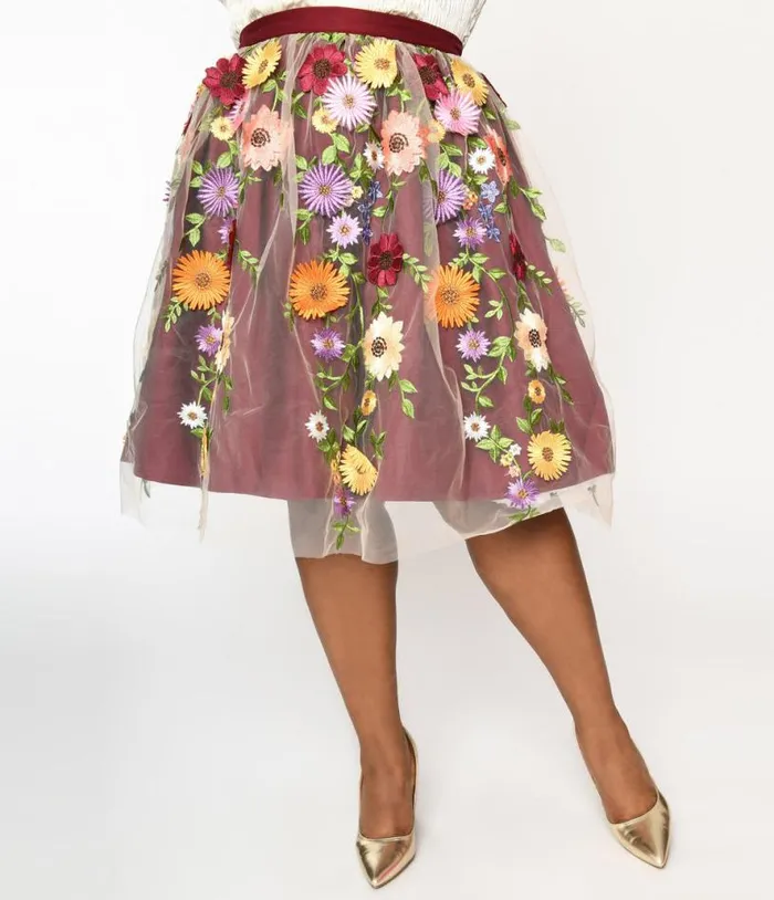 Magnolia Place Burgundy Flower Party Swing Skirt Clothing Unique Vintage Skirts