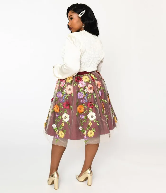 Magnolia Place Burgundy Flower Party Swing Skirt Clothing Unique Vintage Skirts