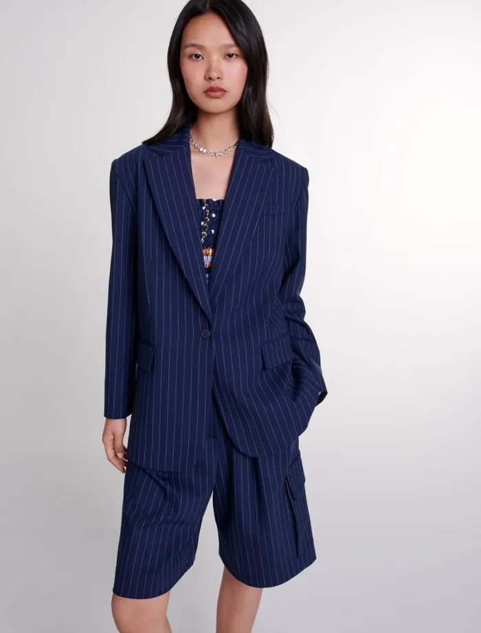 Maje Blazers and Jackets Womens Striped Suit Jacket Navy Tennis Stripe
