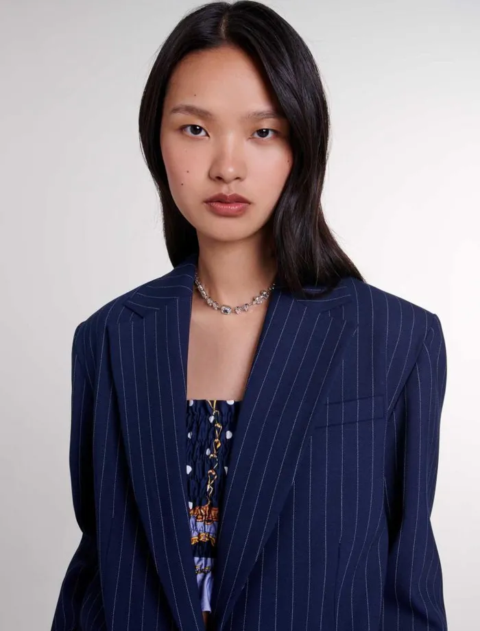 Maje Blazers and Jackets Womens Striped Suit Jacket Navy Tennis Stripe