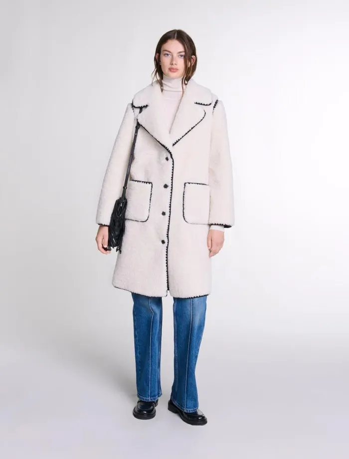 Maje Coats Womens Midlength Fleece Coat Ecru Black