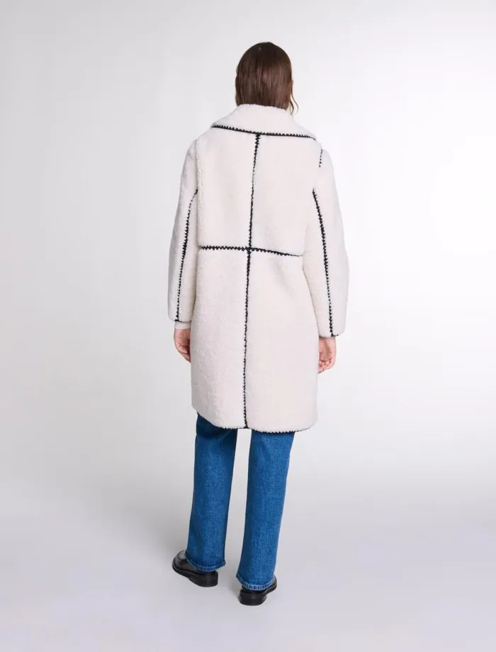 Maje Coats Womens Midlength Fleece Coat Ecru Black