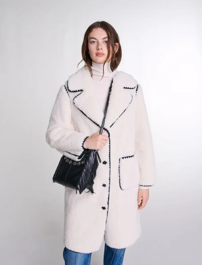 Maje Coats Womens Midlength Fleece Coat Ecru Black
