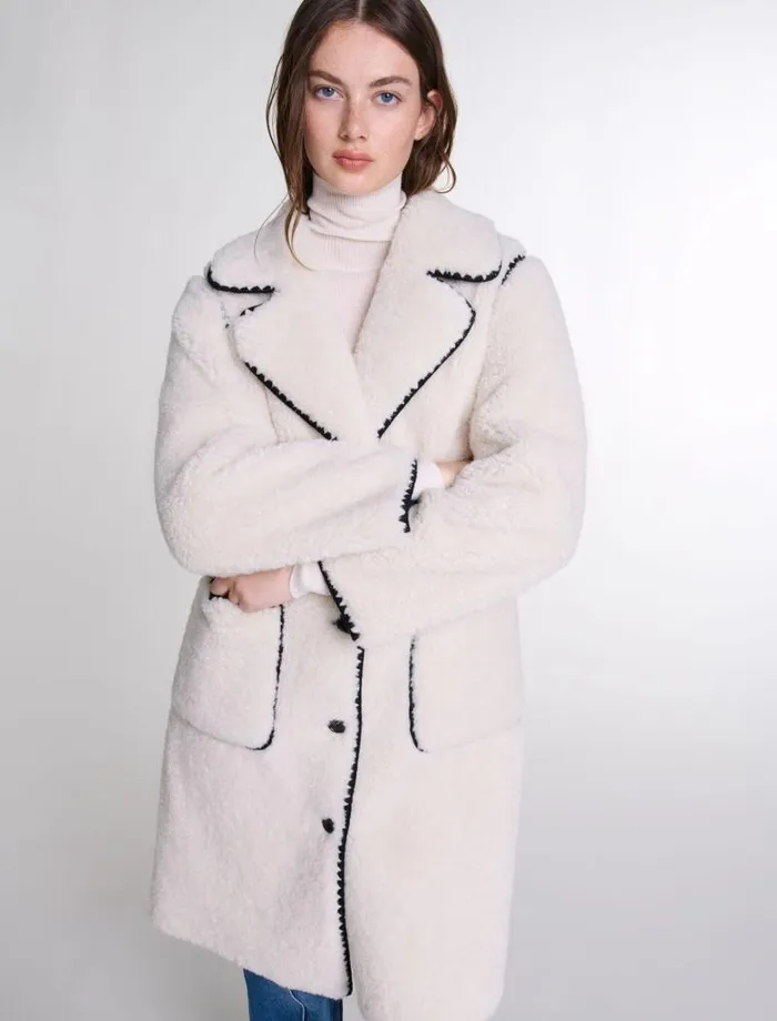 Maje Coats Womens Midlength Fleece Coat Ecru Black