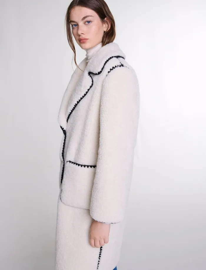 Maje Coats Womens Midlength Fleece Coat Ecru Black