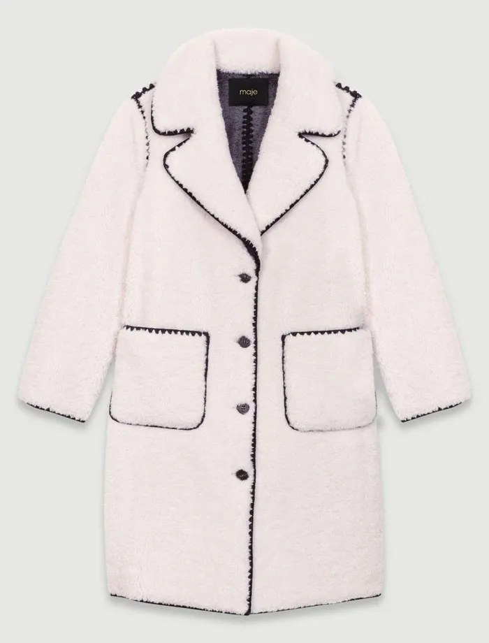 Maje Coats Womens Midlength Fleece Coat Ecru Black