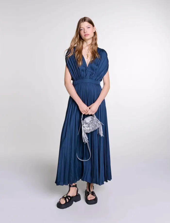 Maje Dresses Womens Pleated Maxi Dress Navy