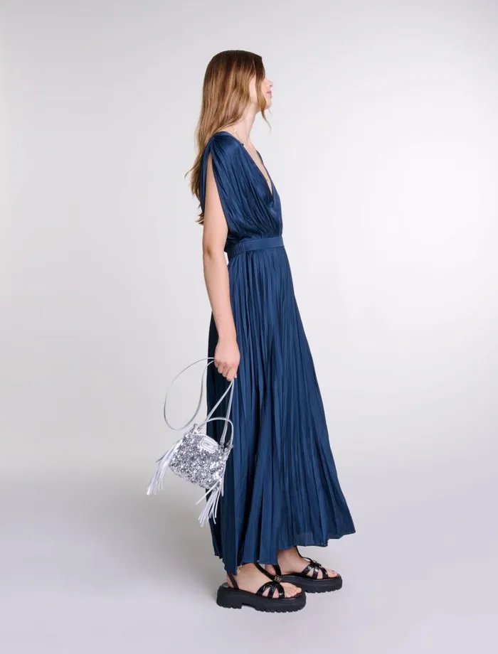 Maje Dresses Womens Pleated Maxi Dress Navy