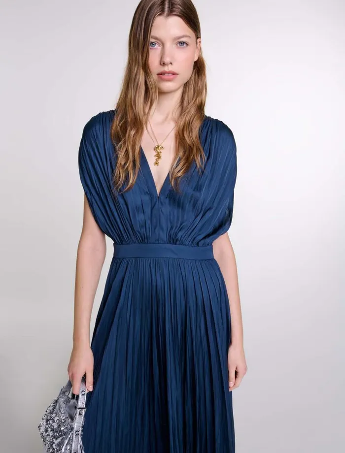 Maje Dresses Womens Pleated Maxi Dress Navy