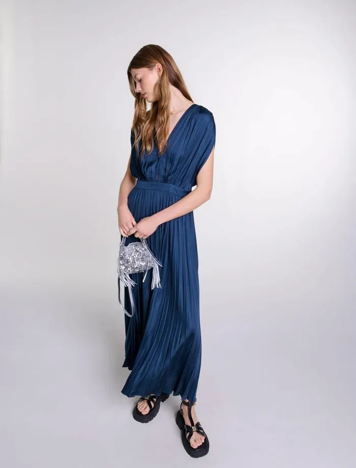 Maje Dresses Womens Pleated Maxi Dress Navy