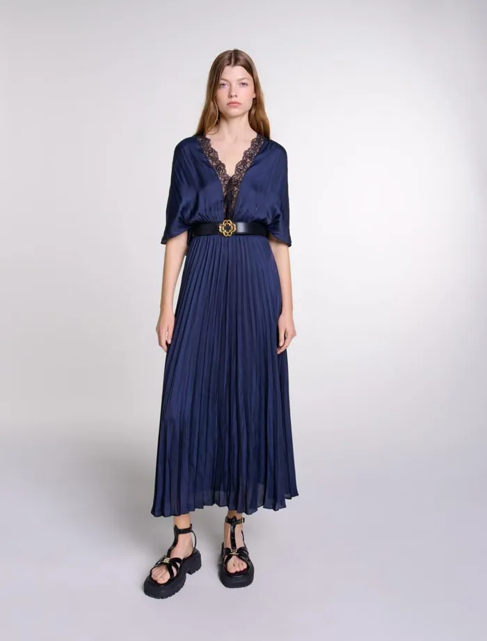 Maje Dresses Womens Pleated Maxi Dress With Lace Navyblack