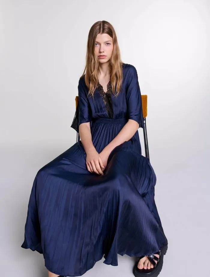 Maje Dresses Womens Pleated Maxi Dress With Lace Navyblack