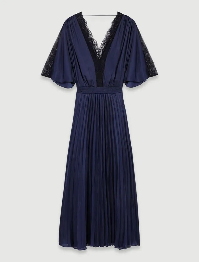 Maje Dresses Womens Pleated Maxi Dress With Lace Navyblack