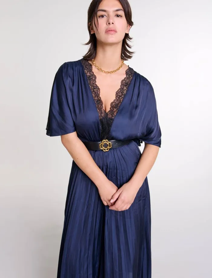 Maje Dresses Womens Pleated Maxi Dress With Lace Navyblack