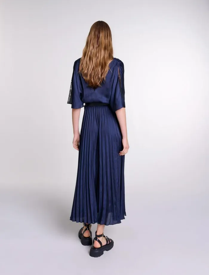 Maje Dresses Womens Pleated Maxi Dress With Lace Navyblack