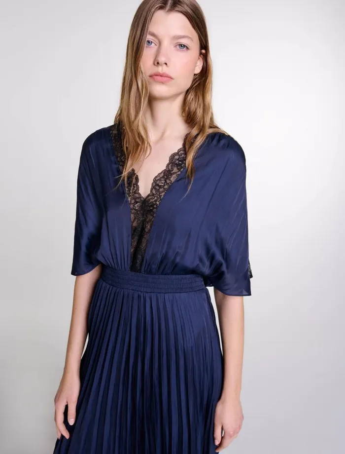 Maje Dresses Womens Pleated Maxi Dress With Lace Navyblack