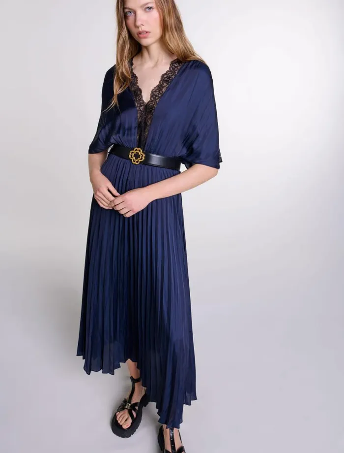 Maje Dresses Womens Pleated Maxi Dress With Lace Navyblack