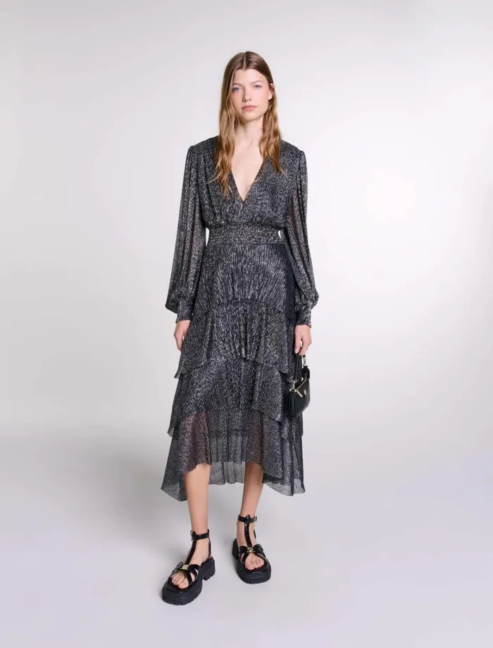 Maje Dresses Womens Ruffled Dress Blackglitter