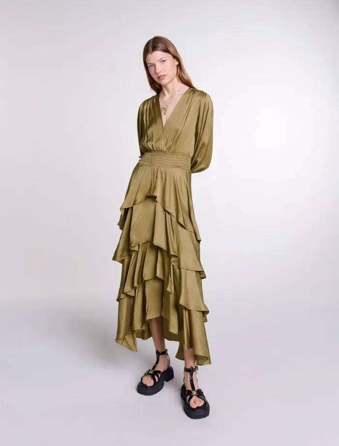Maje Dresses Womens Tiered Maxi Dress Khaki