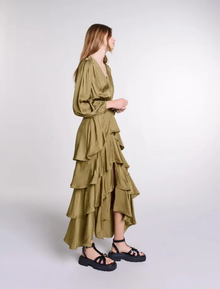 Maje Dresses Womens Tiered Maxi Dress Khaki