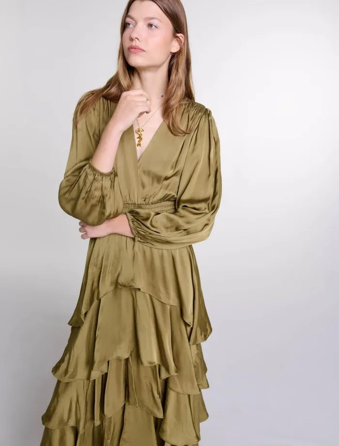 Maje Dresses Womens Tiered Maxi Dress Khaki