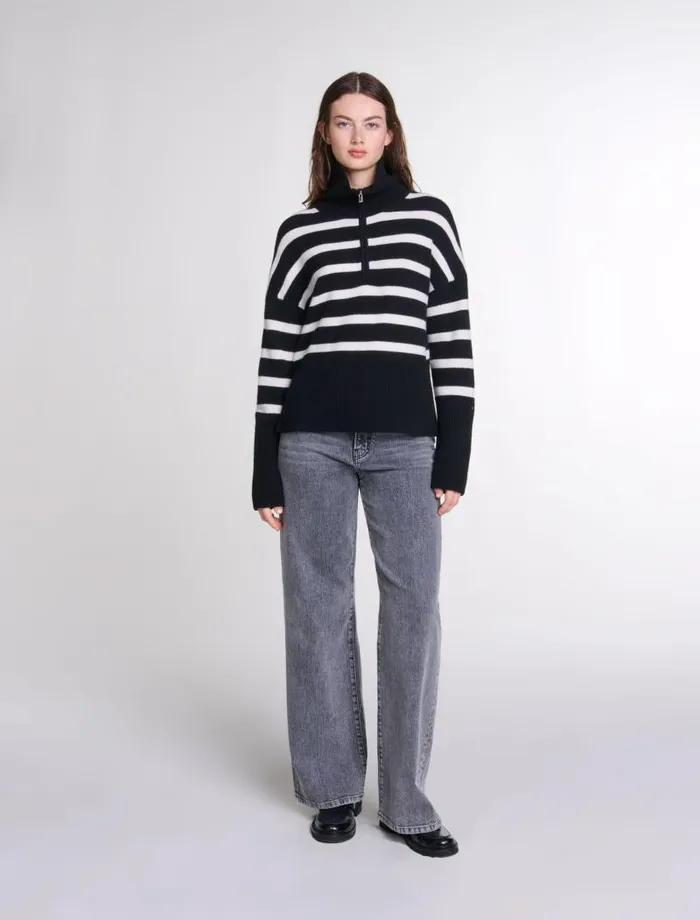 Maje Sweaters and Cardigans Womens Stripe Print Highneck Jumper Blackecru