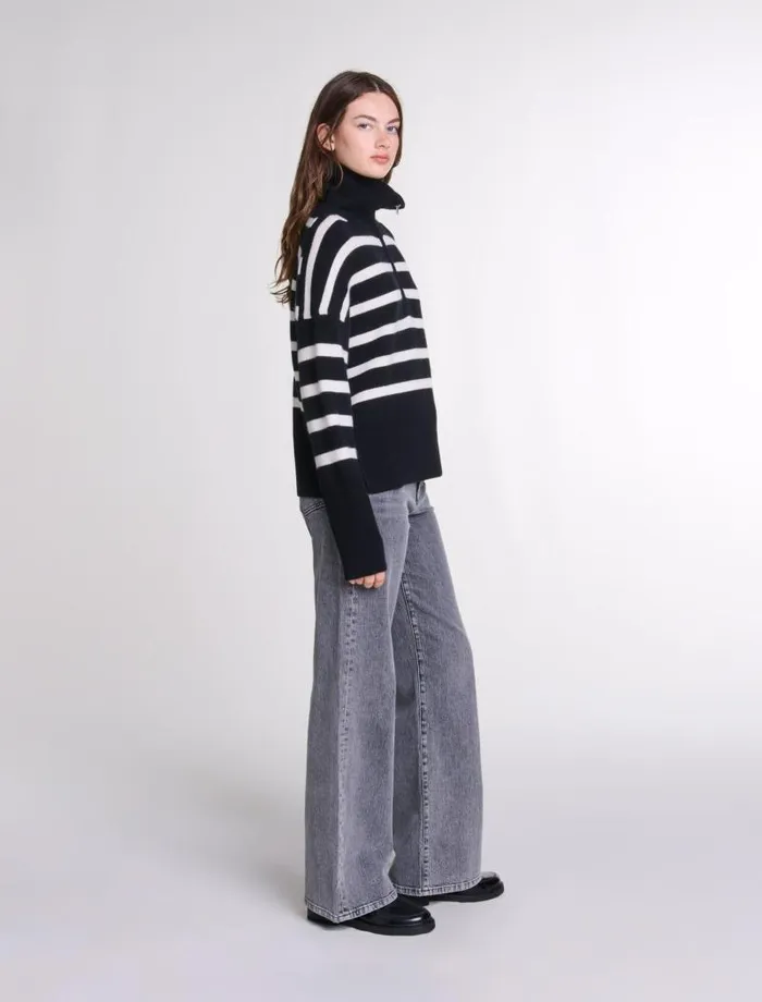 Maje Sweaters and Cardigans Womens Stripe Print Highneck Jumper Blackecru