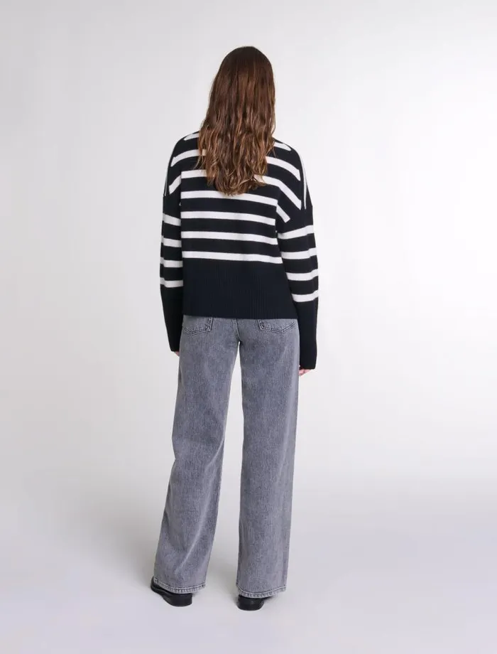Maje Sweaters and Cardigans Womens Stripe Print Highneck Jumper Blackecru