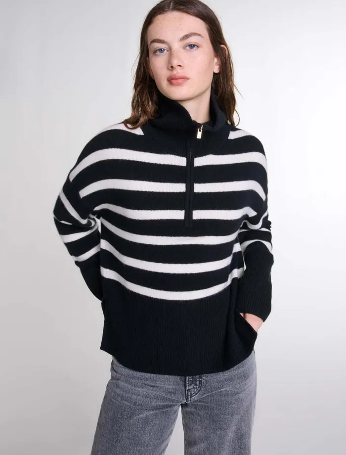 Maje Sweaters and Cardigans Womens Stripe Print Highneck Jumper Blackecru
