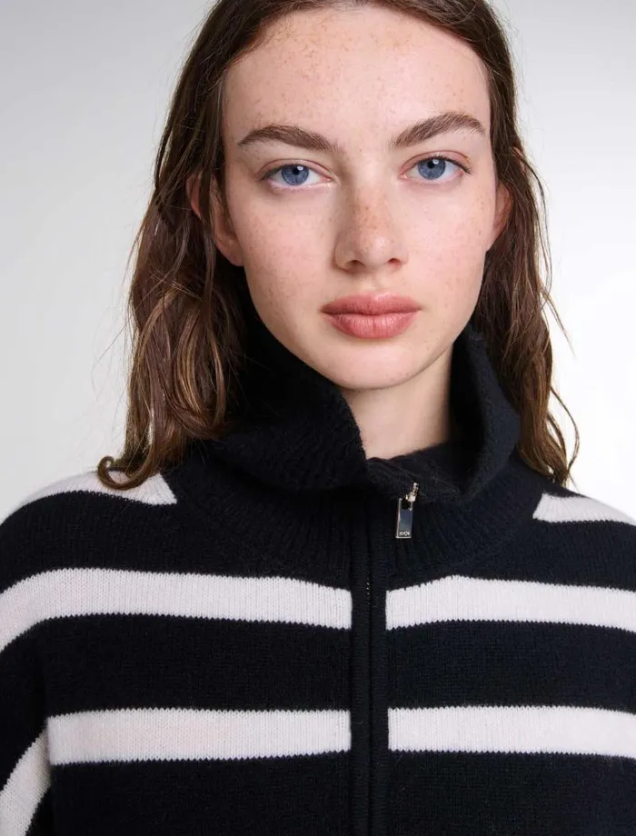 Maje Sweaters and Cardigans Womens Stripe Print Highneck Jumper Blackecru