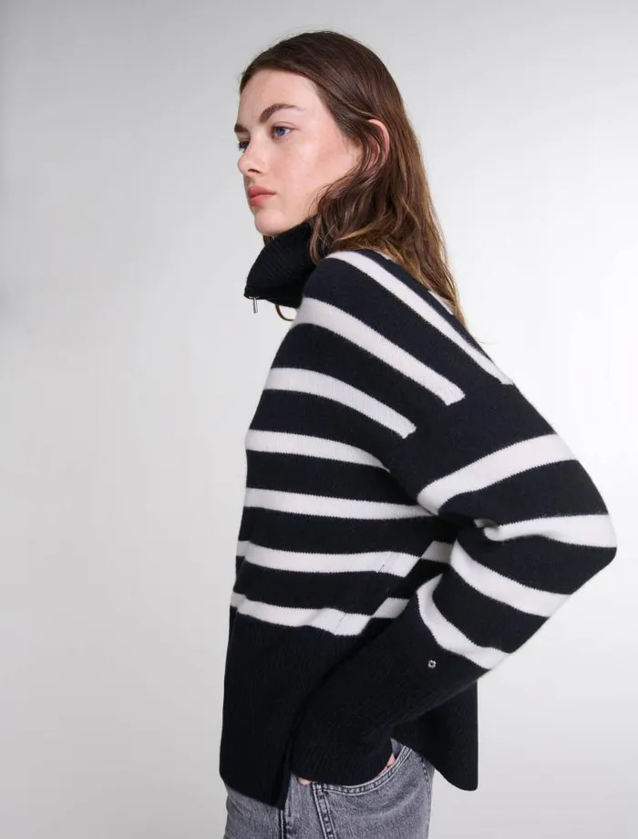Maje Sweaters and Cardigans Womens Stripe Print Highneck Jumper Blackecru
