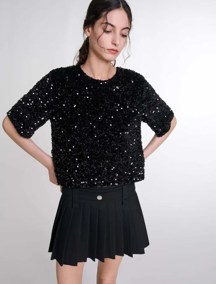 Maje Tops and Shirts Womens Sequinned Velvet Top Black