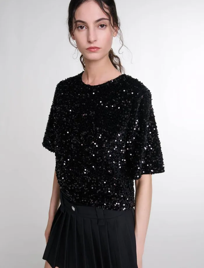 Maje Tops and Shirts Womens Sequinned Velvet Top Black