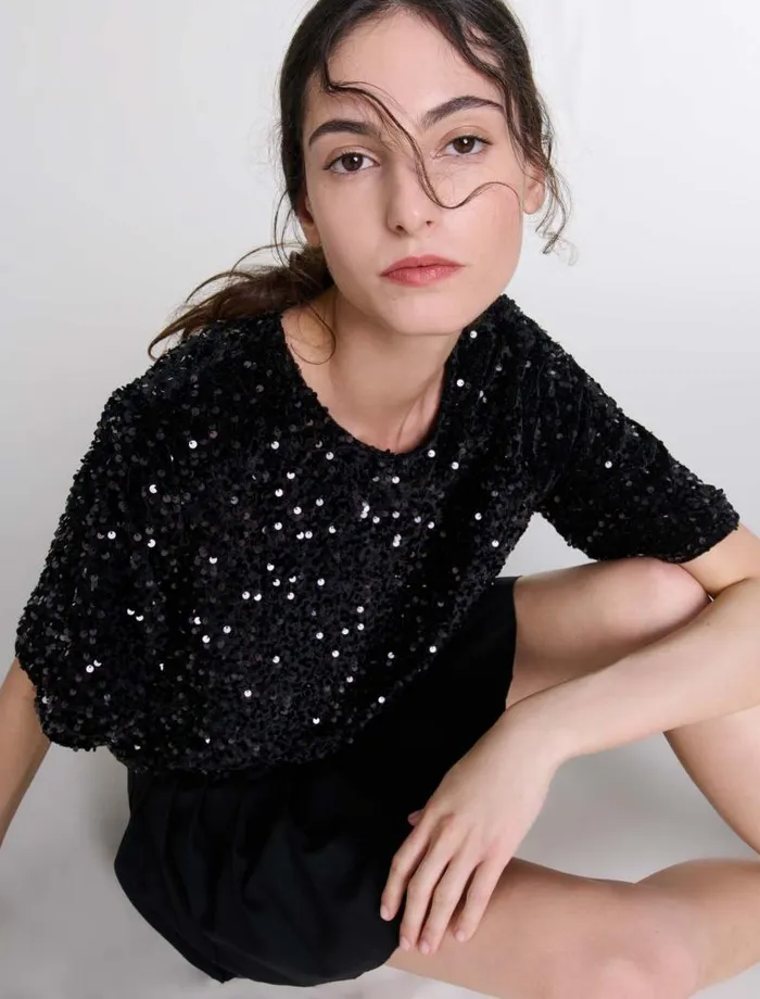 Maje Tops and Shirts Womens Sequinned Velvet Top Black