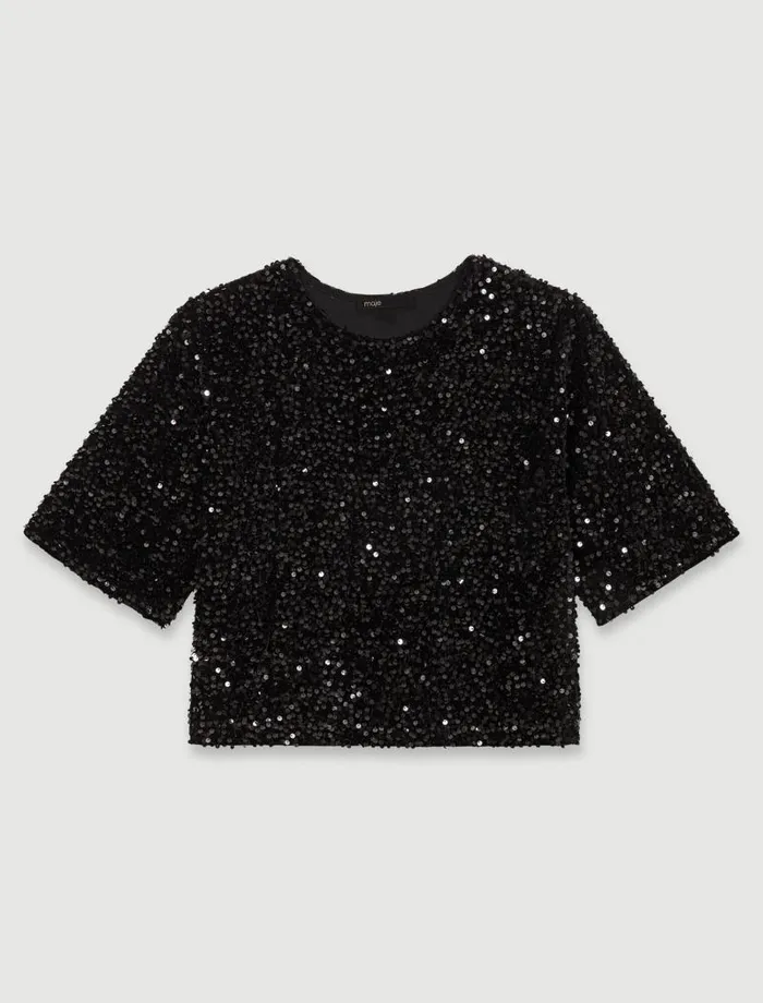 Maje Tops and Shirts Womens Sequinned Velvet Top Black