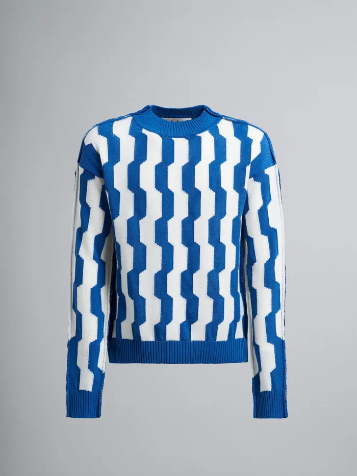 Marni Blue And White Crepe And Shetland Wool Sweater Dusty Blue Mens Knitwear
