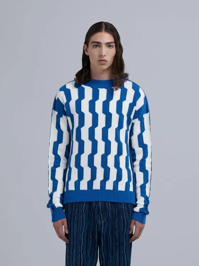 Marni Blue And White Crepe And Shetland Wool Sweater Dusty Blue Mens Knitwear Marni Blue And White Crepe And Shetland Wool Sweater Dusty Blue Mens Knitwear