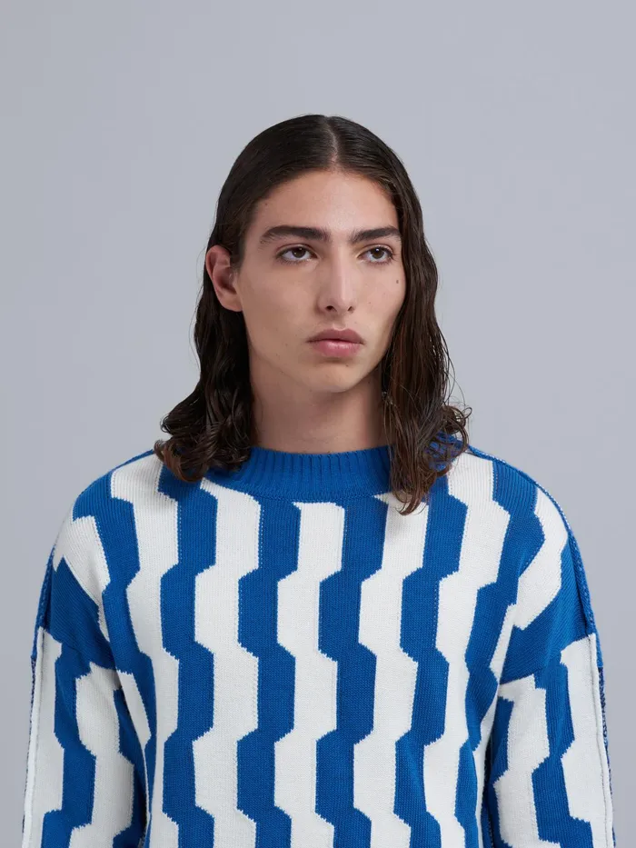 Marni Blue And White Crepe And Shetland Wool Sweater Dusty Blue Mens Knitwear Marni Blue And White Crepe And Shetland Wool Sweater Dusty Blue Mens Knitwear