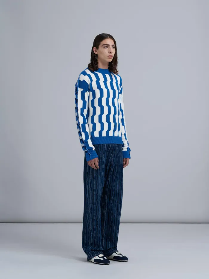 Marni Blue And White Crepe And Shetland Wool Sweater Dusty Blue Mens Knitwear Marni Blue And White Crepe And Shetland Wool Sweater Dusty Blue Mens Knitwear